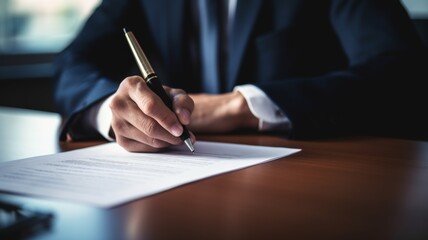 Businessman signing a contract with a golden pen - Esteemed businessman in a suit pens a deal with a golden pen symbolizing success and important agreements