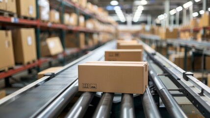 Cardboard box on conveyor belt in warehouse - Packaged cardboard box on a conveyor belt in warehouse, representing logistics, distribution and supply chain operations