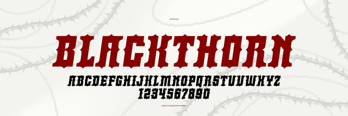 Thorn horror gothic rock display font for emblems and logos, dangerous blackthorn typeface for headlines and titles, bold serif typography alphabet letters with prickles, italic version.