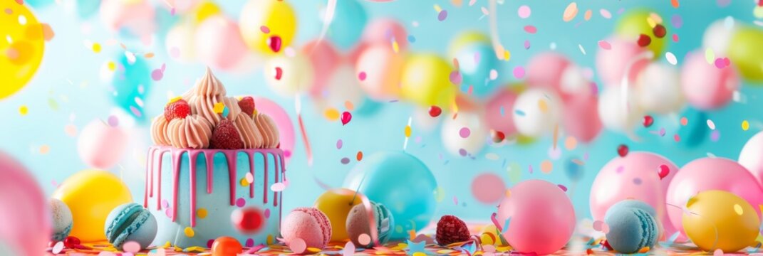 Delightful pink celebration cake and decor - Eye-catching image featuring a pink drip cake surrounded by colorful balloons and confetti for a celebration