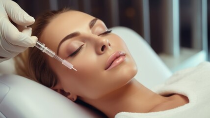 Obraz na płótnie Canvas Facial Filler Injection at Cosmetic Clinic - A serene patient receiving a dermal filler injection under expert care at a modern aesthetic clinic.