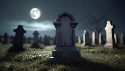 a lone unidentified gravestone stands in an old cemetery at night lit by a moonlight