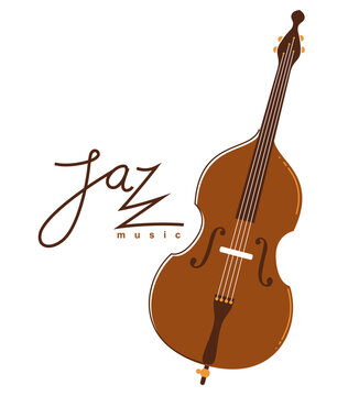 Jazz music emblem or logo vector flat style illustration isolated, contrabass logotype for recording label or studio or musical band.