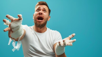 Injured man with a cast looking desperate - Man with a bandaged hand and white cast looking desperate on a blue background with toilet paper on his cast