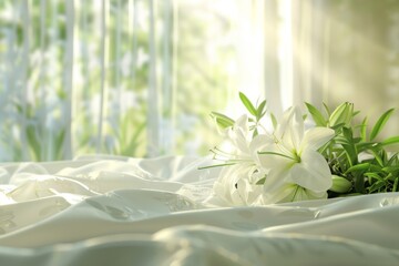 Lilies on a silky white fabric near window - Beautiful white lilies lie on soft, silky fabric in gentle sunlight streaming through a window