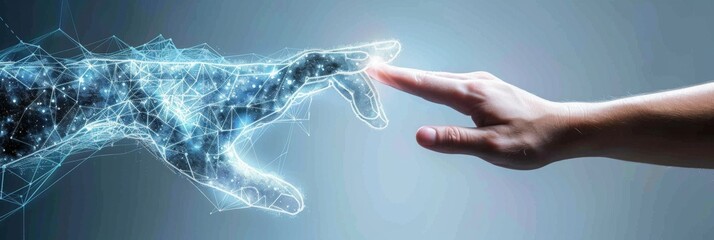 Human hand reaches towards digital dog - A conceptual representation of human interaction with digital advancements, depicting a human hand reaching out towards a polygonal digital dog made of stars a - obrazy, fototapety, plakaty