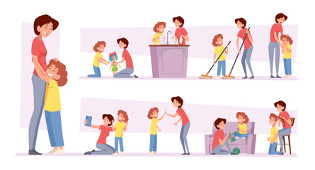 Happy mom. Family love and unity mother and daughter exact vector girls friendship concept pictures in cartoon style