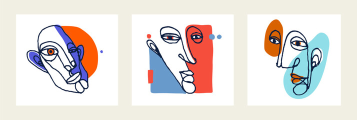Abstract man face vector artwork set, modern trendy portrait art, hand drawn surreal beauty, minimal artistic design, painted sur human head.