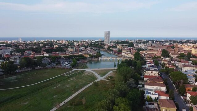 Aerial view over the Bridge of Tiberius, Rimini, Italy
