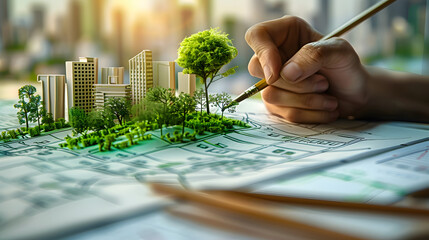 Person sketching a sustainable green city concept with eco friendly buildings and a tree on paper, representing urban planning and environmental conservation
