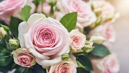 delicate blooming festive roses and light pink flowers background blossoming rose flower soft pastel frame bouquet floral card selective focus