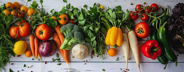 Vegetables arranged on white wooden table,