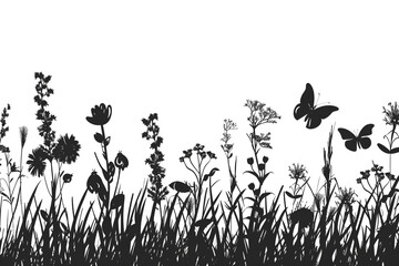 Black silhouettes of grass, flowers and herbs isolated on white background. Hand drawn sketch flowers and insects. - obrazy, fototapety, plakaty