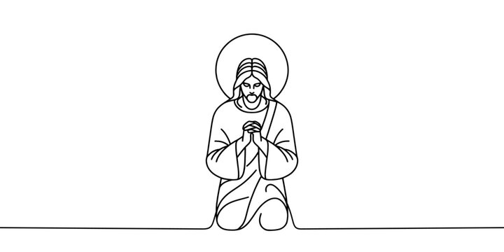 Vector image of Jesus Christ praying, in linear style. One line.