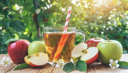 apple cider juice or fruit drink and ingredients on a sunny table the concept of diet and weight loss apples help cleanse the body and reduce weight healthy food body detoxification