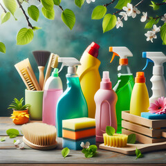 set of cleaning products, bottle,care, soap,clean, bathroom, illustration, Ai generated 