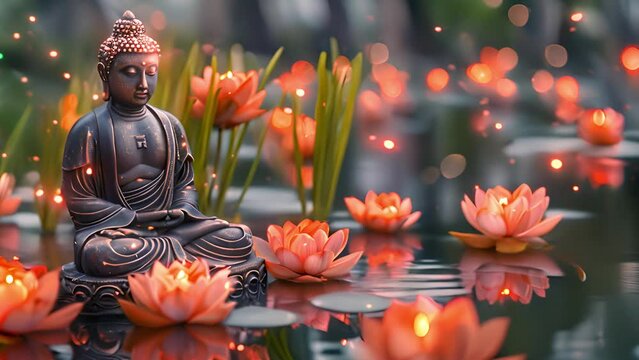 Buddha statue in meditation surrounded by glowing lotus flowers on tranquil water