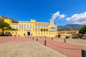 The historic Prince's Palace of Monaco at the Place du Palais on the Rock in Monte Carlo, Monaco.