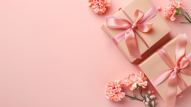 Mother's Day concept. Top view photo of two trendy gift boxes with ribbon bows and carnations on solid pastel peach color background with copy space. Birthday card