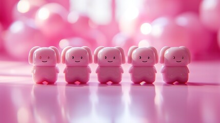 a group of small toy animals sitting next to each other in front of a pink background with balloons in the background.