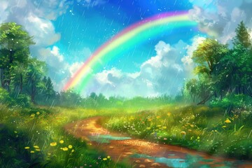 vibrant rainbow arching over a soft rainfall in a lush green field.