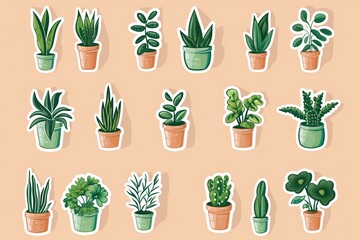 riso print style sticker or icon set with different plants in pots