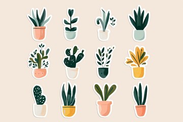 riso print style sticker or icon set with different plants in pots