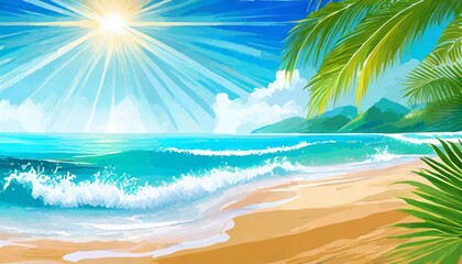 Fototapeta na wymiar beach paradise ocean background illustration waves tropical serene tranquil sand palm beach paradise ocean background