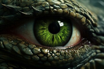 Mysterious Reptilian eye closeup colorful. Dinosaur forest. Generate Ai