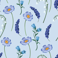 Seamless pattern with lilies of the valley and other flowers. Vector. - 755105480