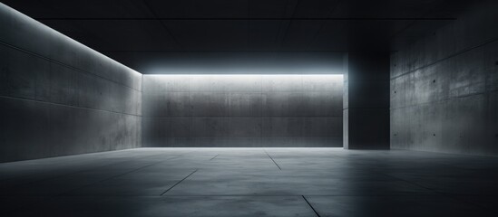 A dark abstract concrete room with a smooth interior is shown. At the end of the room, a bright light is visible, illuminating the space with a stark contrast.