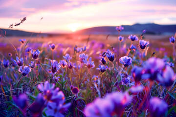 Close-up of purple flowers growing on field during sunset