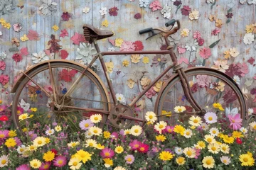 Poster vintage bicycle overlaps with a field of blooming flowers. © SaroStock