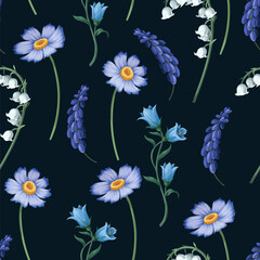Seamless pattern with lilies of the valley and other flowers. Vector. - 755105696