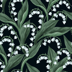 Seamless pattern with lilies of the valley. Vector. - 755105803