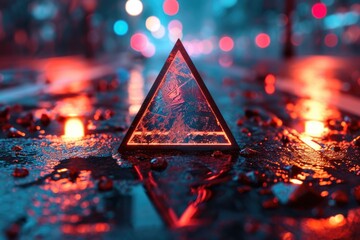 The crystal clear triangle orange prism that has been put on the wet floor and the wet floor reflect everything and shine the reflection of the opposite from the crystal clear triangle prism. AIGX03.