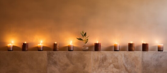 A row of lit candles illuminating a wooden shelf under the sky, creating a warm and artistic atmosphere against the horizon
