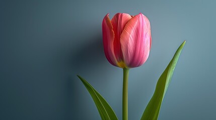 Fototapeta premium two pink tulips with green leaves on a blue background with a shadow of the tulip in the foreground.
