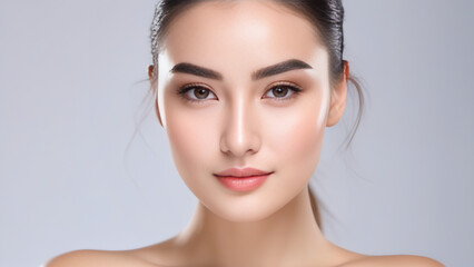 Portrait of an Asian girl on a gray background, concept for cosmetics, face cream, spa