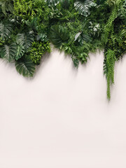 Lush green tropical plant arrangement on a clean beige background