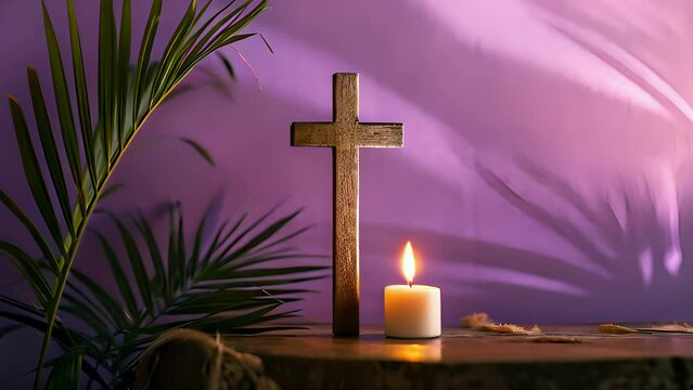 Wooden cross, candle and palm leaves on purple background