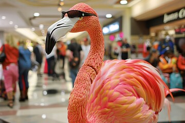 A flamboyant flamingo in vivid attire and sunglasses shopping at a mall, blending the surreal with the everyday - obrazy, fototapety, plakaty