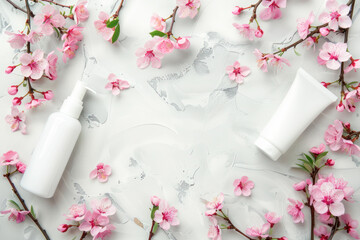 Elegant blank cosmetic bottles surrounded by delicate pink cherry blossoms on a textured white background. Skincare cosmetics mock-up.