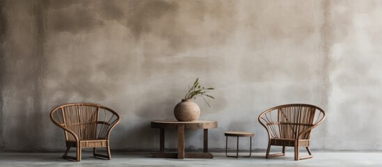Three rattan chairs are placed in front of a small table, all pushed against a bare cement wall. The chairs are neatly arranged, creating a simple and functional seating area.