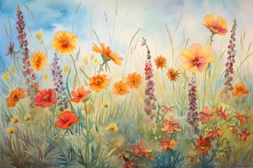 Fototapeta na wymiar watercolor painting of Texas wildflowers swaying in the breeze.