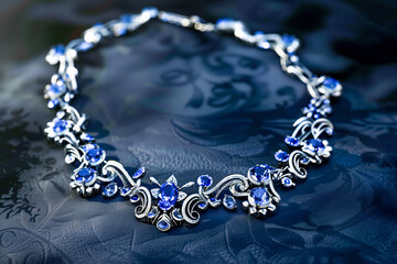 Diamonds with the dark blue sapphire necklace on a black background