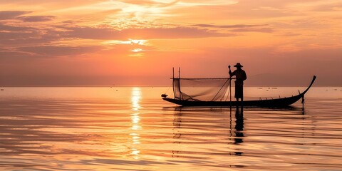 Morning silhouette of Thai fisherman using bamboo square dip net in Patthalung. Concept Silhouette, Thai Fisherman, Bamboo Square Dip Net, Patthalung, Morning