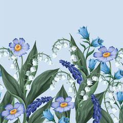 Border with lilies of the valley and other flowers. Vector. - 755106833