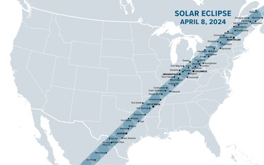 Great American Total Solar Eclipse of April 8, 2024. Political map containing names of cities inside the path of totality. Visible across North America, passing over Mexico, United States, and Canada. - 755106886