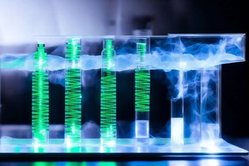 Three glass vials with glowing lights inside
